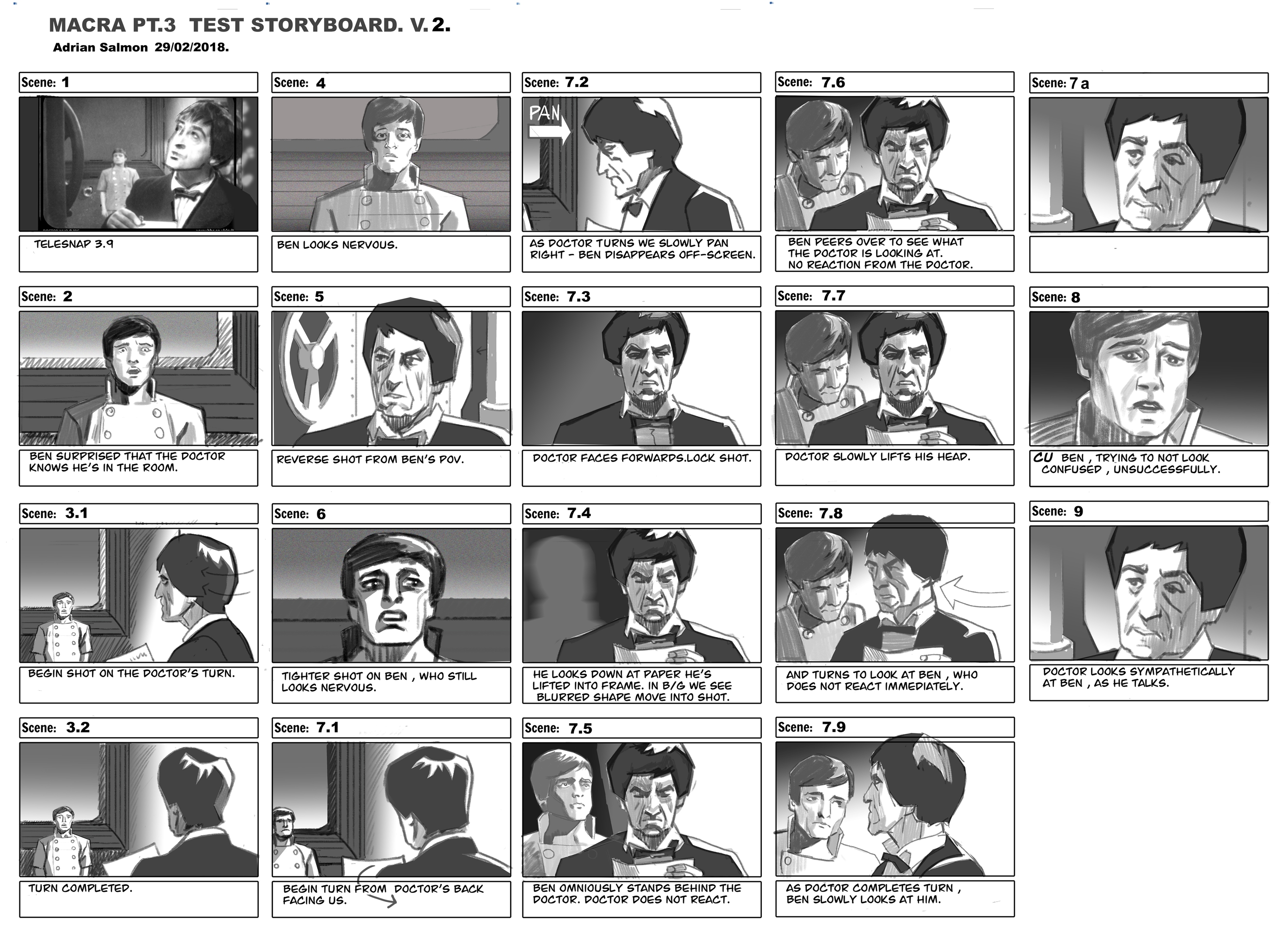 A storyboard for a 2018 test animation. Artist - Adrian Salmon.